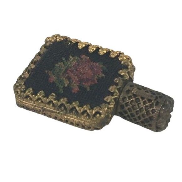 Vtg Austrian Glass Perfume Bottle Petit Point Floral Rose Brass Filigree Ormolu - Picture 5 of 13